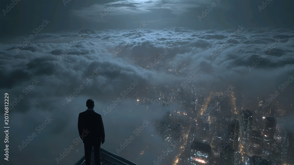 Fototapeta premium An human high-level investor standing before a critical decision point, years of accumulated businesses, investments and achievements, atmosphere of responsibility, pressure and high-stakes judgment