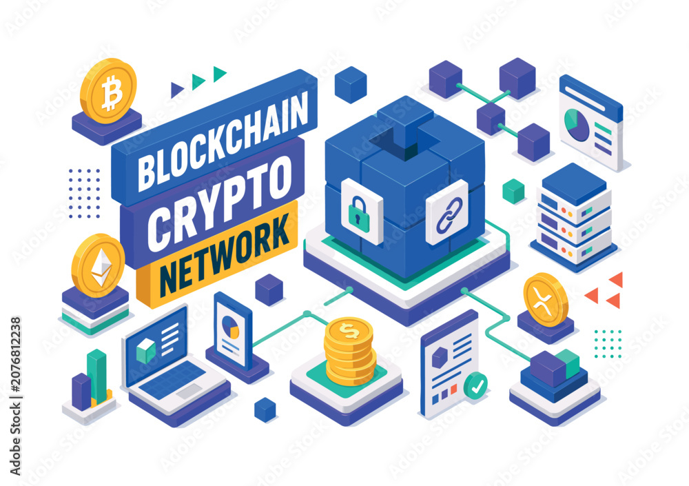 Fototapeta premium Blockchain Crypto Network , oversized blockchain cube with bold geometric depth, floating coin blocks and connected ledger platforms, asymmetric editorial layout, electric blue and soft purple with
