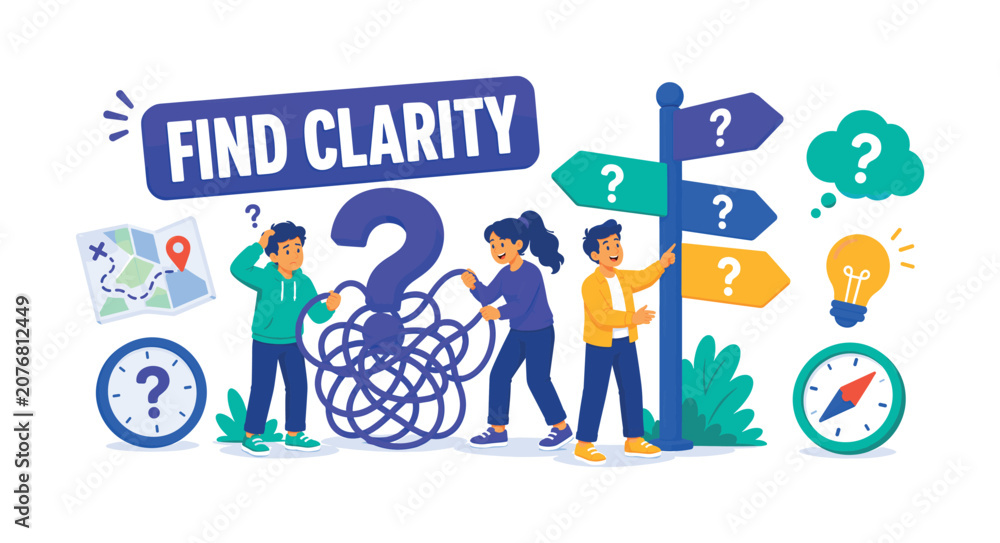 Fototapeta premium Confusion Uncertainty Help Banner with 3 expressive stylized human characters untangling an oversized question knot and giant unclear signpost, small lost map, hesitation clock, ambiguity cloud, light