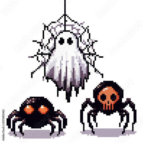 Two small spiders with unique designs and a ghost hang together in a pixel art style. This scene represents Halloween spirit with playful touches