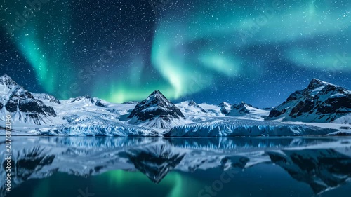Vibrant green aurora borealis reflected in icy mountain lake.