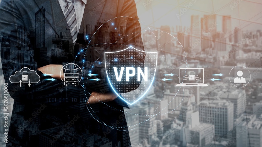 Fototapeta premium VPN security protects network access. VPN security encrypts data, hides identity, VPN security defends traffic, and VPN security secures connection from threats. Marrow