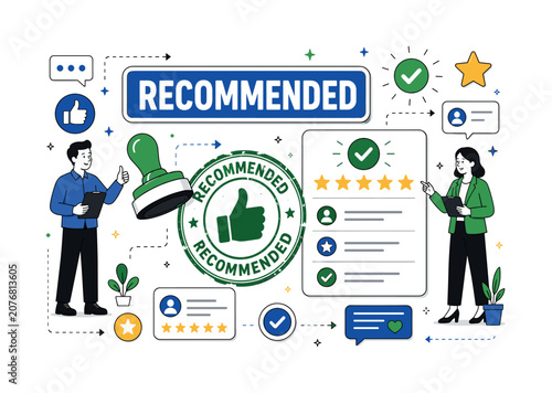 Recommend Stamp Banner. Recommend stamp, thumbs up, approval sign and positive endorsement banner with two geometric characters beside an oversized recommend seal and large approval card, stamp lines