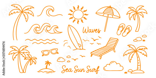 Photography Hand drawn summer beach icons set with palm trees surfboard sun and waves in ora