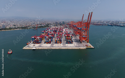 Panoramic View of Mersin Port Container Terminal on the Mediterranean Coast of Turkey Showing Logistics Infrastructure and Cargo Operations