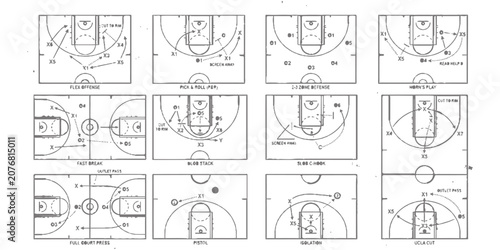 Schilderij op canvas Set of basketball court diagrams showing various team offensive plays and coachi