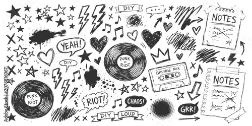 Cuadro en lienzo Set of hand drawn punk rock music doodle elements with records cassette tape sta