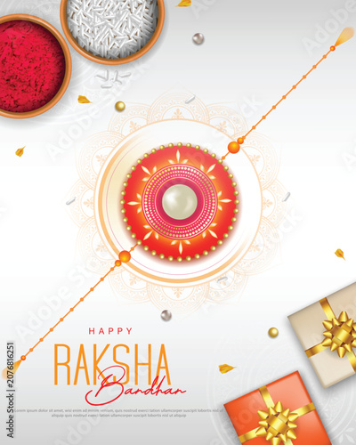 Happy raksha bandhan ceremony poster template design with decorative rakhi with gift box.