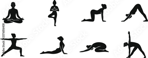 Quadro su tela Black silhouettes of women doing various yoga poses