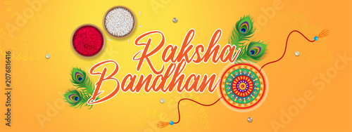 Happy raksha bandhan ceremony poster template design with decorative rakhi with sindoor and rice.