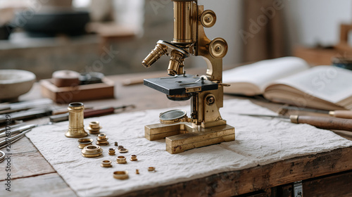 antique microscope on a restoration bench mid-disassembly, brass barrel components laid in order on a surgical pad while a conservator photographs each part with a macro setup