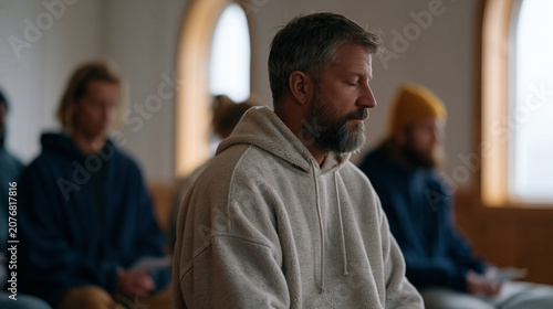 Recovering individuals and their counselor gathered in a chapel annex for a morning meditation session, each holding a small devotional card, faith based addiction recovery