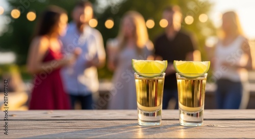 Golden hour tequila shots with lime garnished on a rustic table, friends celebrating at a party in the background