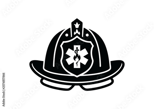 Black Firefighter Helmet Icon Vector Isolated on White Background, Fire Rescue Emergency Service Symbol for Safety and Protection Design