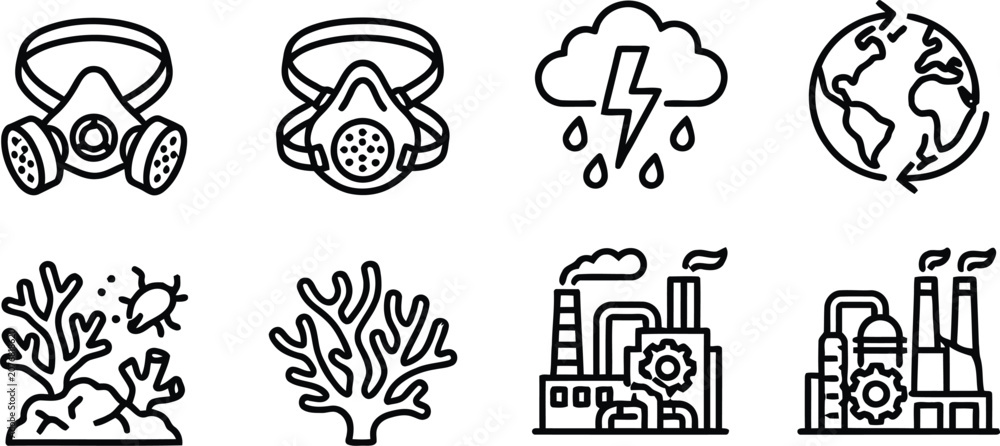 Obraz premium Environmental pollution icons with gas masks and factories