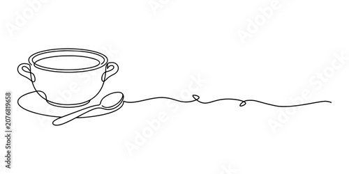 Tableau sur toile Hot soup bowl illustration, home cooking comfort food icon, hand drawn outline vector illustration