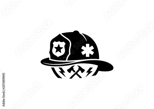 Black Firefighter Helmet Icon Vector Isolated on White Background, Emergency Rescue Safety Service Symbol for Fire Department Design