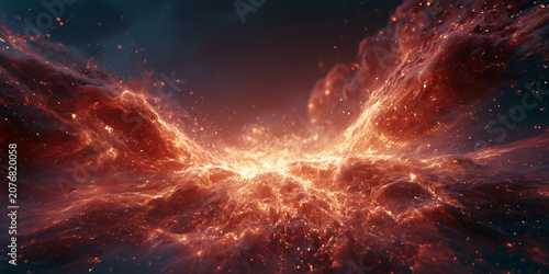 A massive abstract cinematic composition of swirling molten clouds and fiery embers, representing a cosmic birth or a powerful solar event in a distant galaxy.