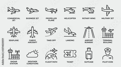 Aviation icons set featuring commercial jet business airplane propeller plane helicopter rotary wing military jet seaplane cargo aircraft takeoff landing airport runway terminal.