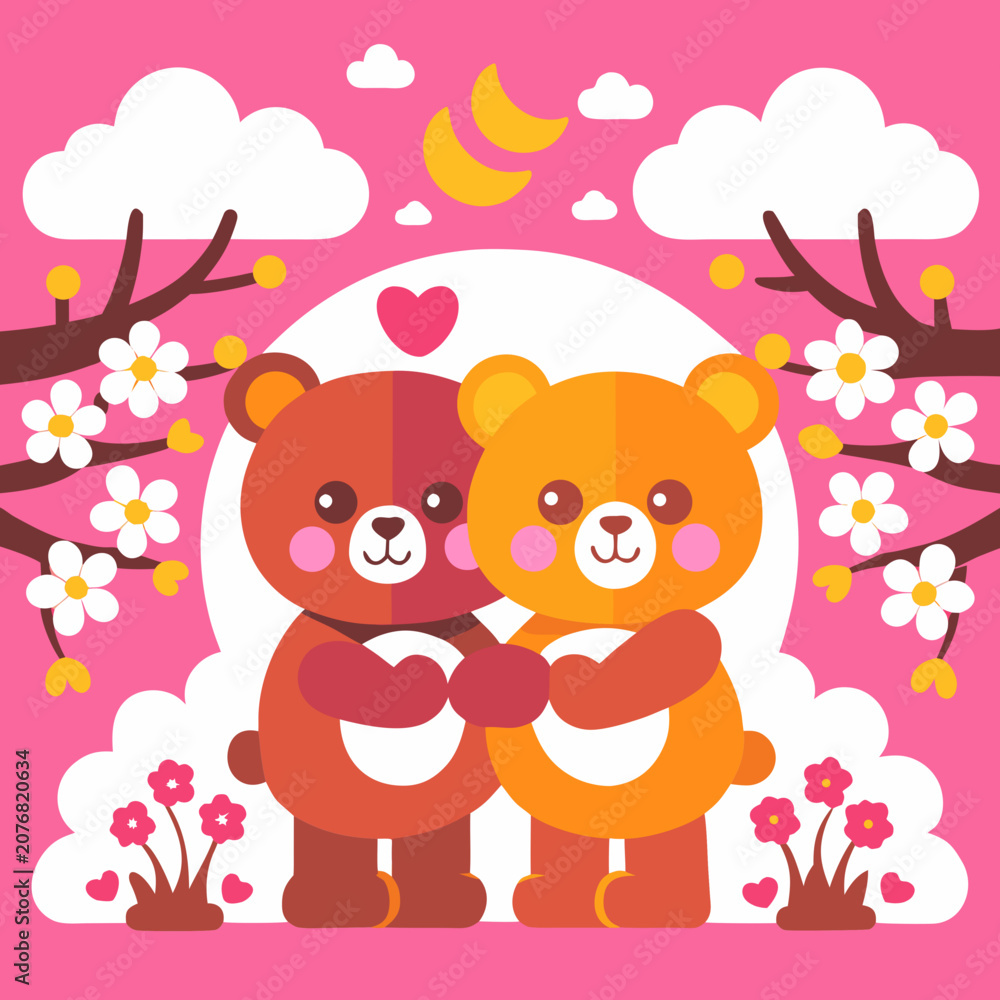Obraz premium Cute Teddy Bears Hugging Under Cherry Blossoms at Pink Sunset - AI-generated illustration