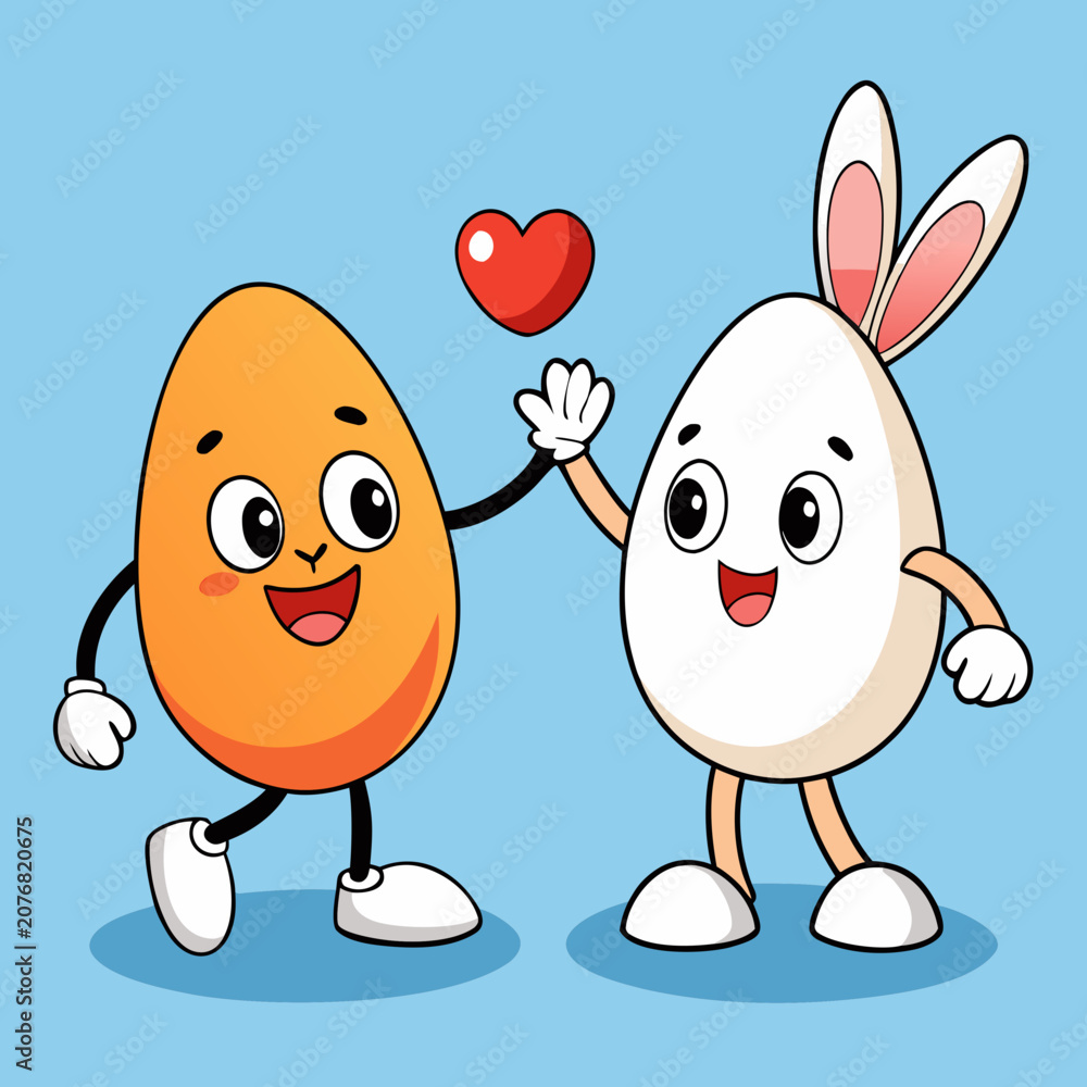 Fototapeta premium Cute Egg and Bunny High-Fiving with Hearts Cartoon Duo - AI-generated illustration
