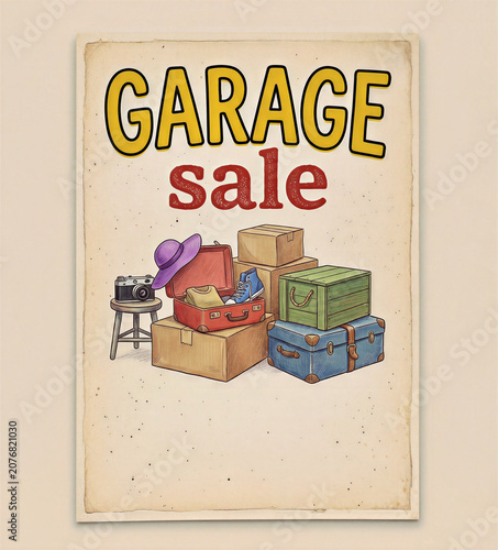 Nostalgic yard sale sign featuring a collection of second hand goods. This flea market spread includes various junk pile items like old suitcases, a retro camera, and a purple sun hat.