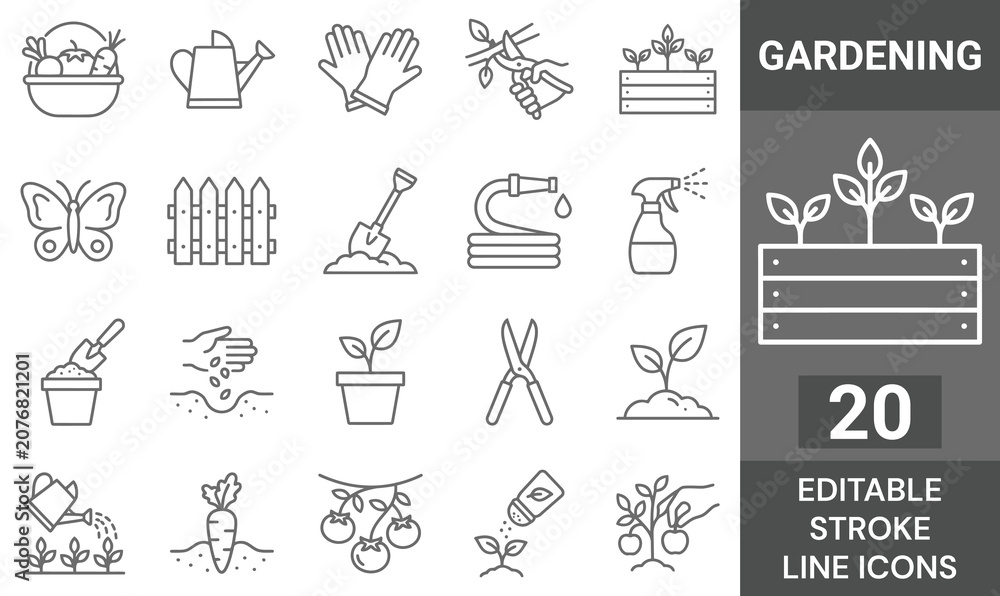 Fototapeta premium Gardening and agriculture line icons set. Vector backyard farming tool equipment, plant sprout seed fertilizer watering can shovel pruner, harvest vegetable fence, outline, editable stroke.