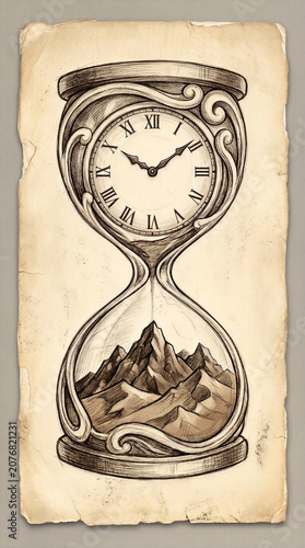 Antique timekeeper featuring a mountain range inside the glass, this memento mori piece functions as a sandglass or chronometer. The weathered parchment background adds history to this time vessel.
