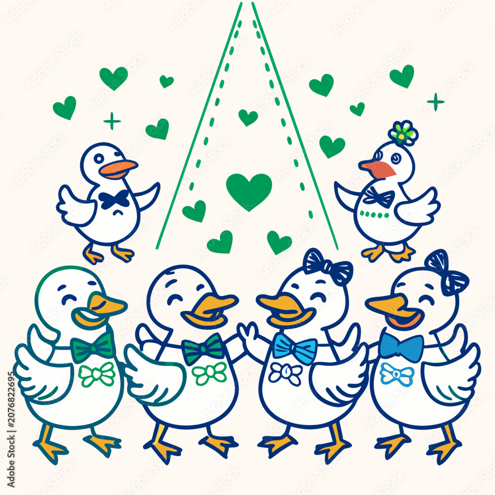 Naklejka premium Adorable Cartoon Ducks in Bowties Dancing with Hearts and Spotlights - AI-generated illustration