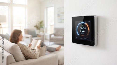 A modern smart home thermostat control panel mounted on the wall, a woman relaxing in a bright living room. Concepts for HVAC automation and efficient energy management.