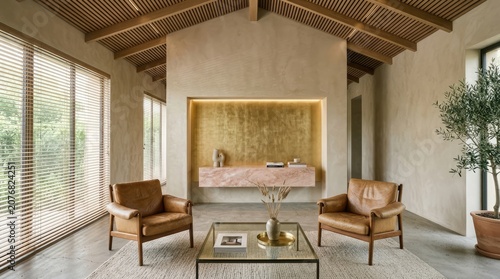 Mediterranean lounge with beam ceiling and stone walls.