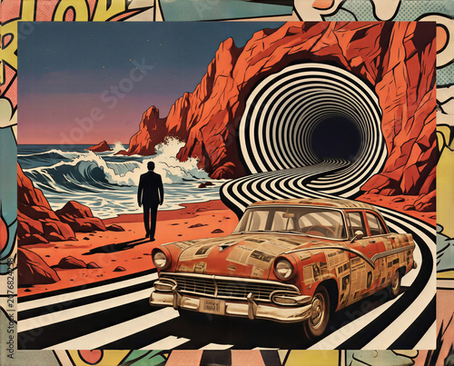 Retro ride travels along a toward a hypnotic vortex, where the road morphs into a striped wormhole. This psychedelic landscape features a classic junker parked near crashing waves.
