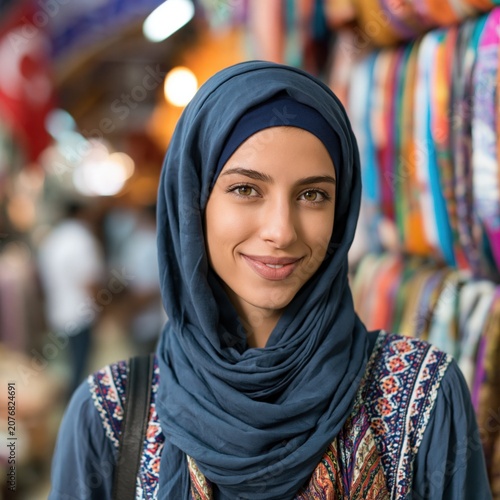 Smiling beautiful middle eastern young woman wearing a hijab looking at the camera