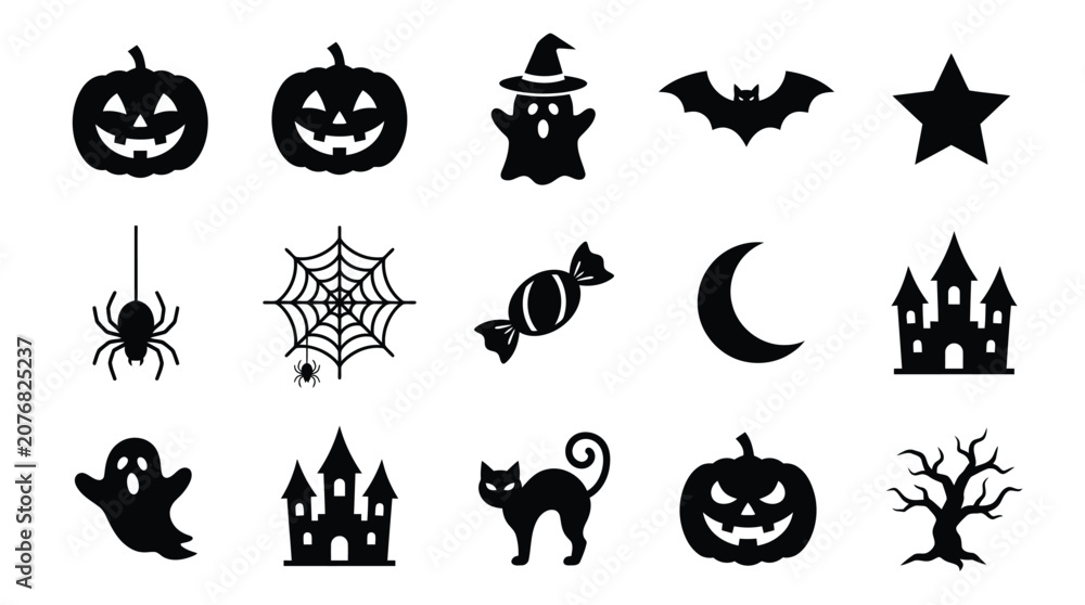 Fototapeta premium Collection of black halloween silhouette icons featuring spooky pumpkins ghosts bats and haunted castle elements