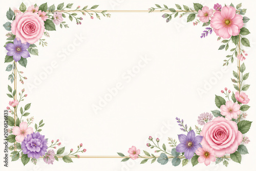 Floral border frame with roses and leaves on blank paper