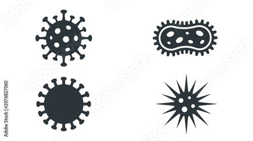 Four dark grey flat vector icons representing various types of microscopic virus and bacteria cells