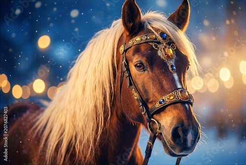 Noble steed, also known as a palfrey or mount, a flowing blonde mane. This equine beauty wears a decorative headstall encrusted with blue and gold gems amidst snow.