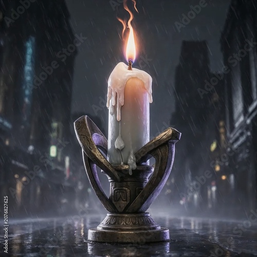 Candle with melting wax in ornate holder on rainy street at night  
