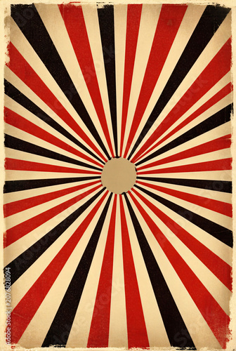 This retro sunburst design features a striking radiating starburst. The aged rays, or sunbeams, create a dynamic radial burst effect with a weathered, textured paper feel.