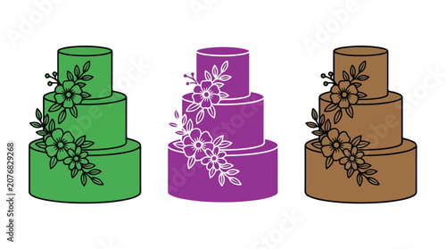 Assortment of Tiered Celebration Cakes: A collection of three elegantly decorated, multi-tiered cakes in vibrant green, royal purple, and rich brown hues, each adorned with delicate floral accents.