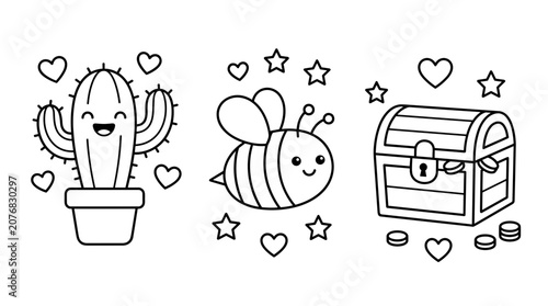 Coloring page illustrations of cute cactus, bee, and treasure chest.