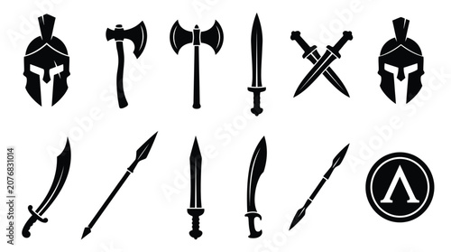 Black silhouette icons of ancient spartan weapons and helmets displayed in a clean white collection