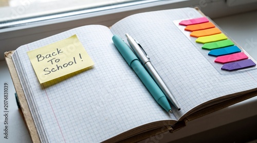 Back to School notebook with pens and sticky notes