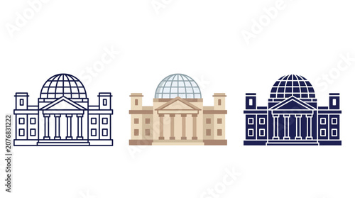 Three variations of the german reichstag building icon set featuring clean lines and flat colors