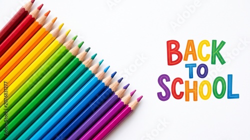 Colorful pencils arranged in a rainbow gradient with Back to School text