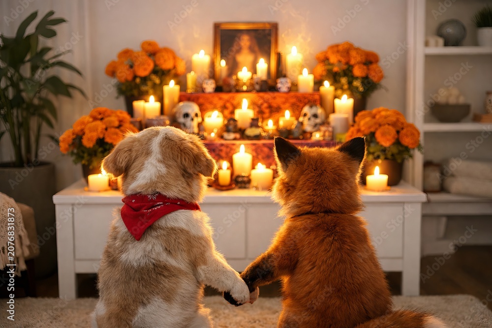 Obraz premium Adorable dog and fox holding paws in front of day of the dead altar with marigolds and candles. concept of cross-species friendship, cultural celebration, animal companionship.