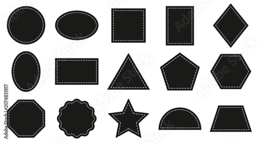 Set of black geometric shapes with white dashed stitching borders for modern graphic design projects