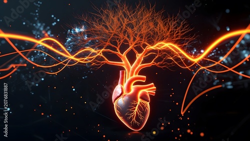 AI Heart Disease Prediction with Glowing Orange Neural Decision Tree