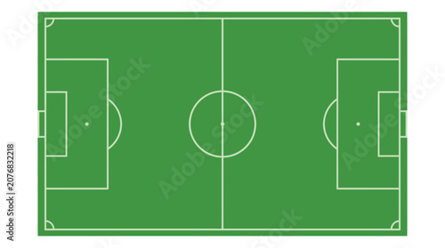 A professional soccer field diagram featuring white lines on a bright green flat grass surface