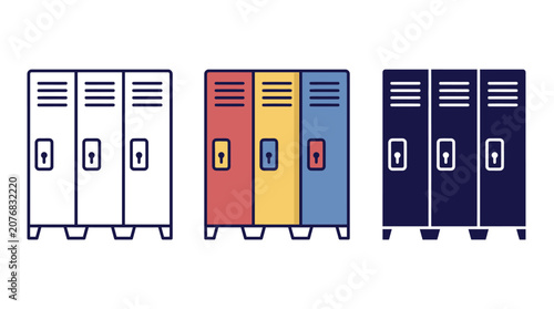 Three distinct styles of colorful school lockers displayed in a clean and simple vector illustration format
